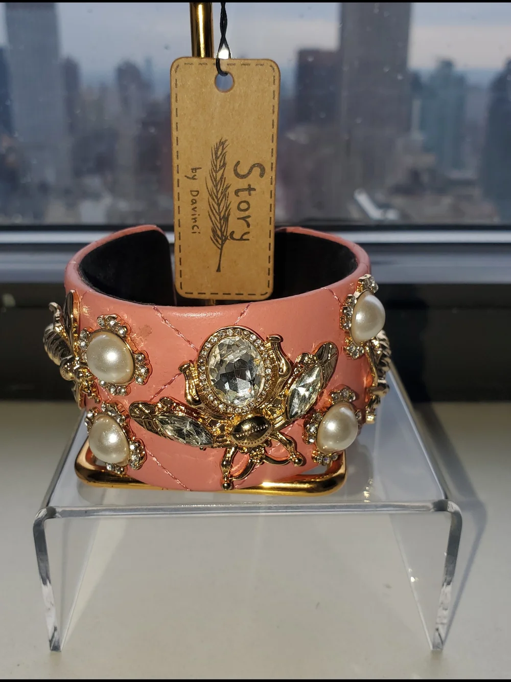 Pink Quilted Cuff Bracelet with Gold & Pearl Embellishments